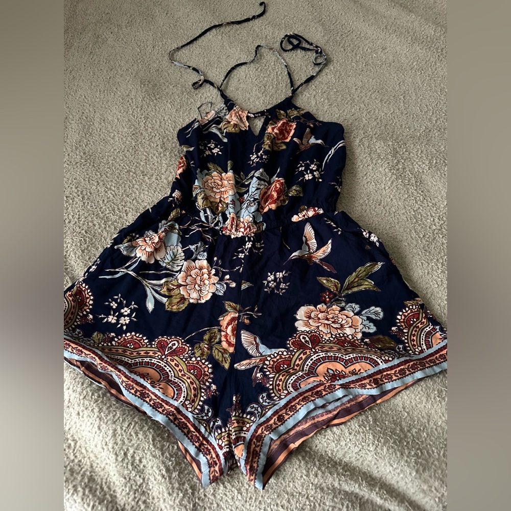 Angie Floral Boho festival Halter Romper Hummingbird Print Navy Blue rayon SZ M - Picture 3 of 8